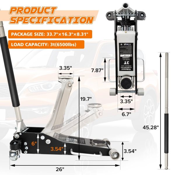 Donext 3 Ton Low Profile Racing Floor Jack - Aluminum and Steel Construction, Dual Pistons Quick Lift Pump, Lifting Range 3.54"-19.69" - Image 3