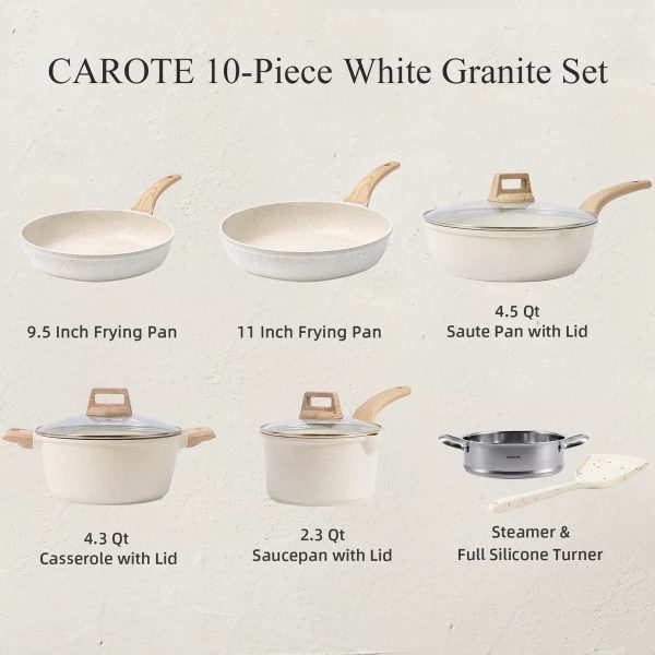 CAROTE C01520 Pots and Pans Set Nonstick， White Granite Induction Kitchen Cookware Sets， 10 Pcs Non Stick Cooking Set w/ Frying Pans and Saucepans(PFOS ， PFOA Free) - Image 6