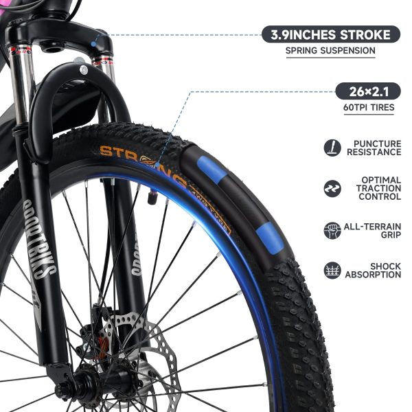 ARTUDATECH 24 26 27.5 Inch Mountain Bike, 24 Speeds with V/Disc Brakes High-Carbon Steel Frame Mens Womens Mountain Bike, Front Suspension MTB Bicycle for Adult & Teenagers - Image 7