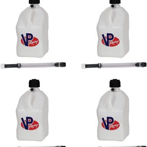 VP Racing Fuels Motorsport 5 Gallon Square Plastic Utility Jug White w/ 14 Inch Hose 4 Pack Features Close-Trimmed Cap and Neck for Tight Seal