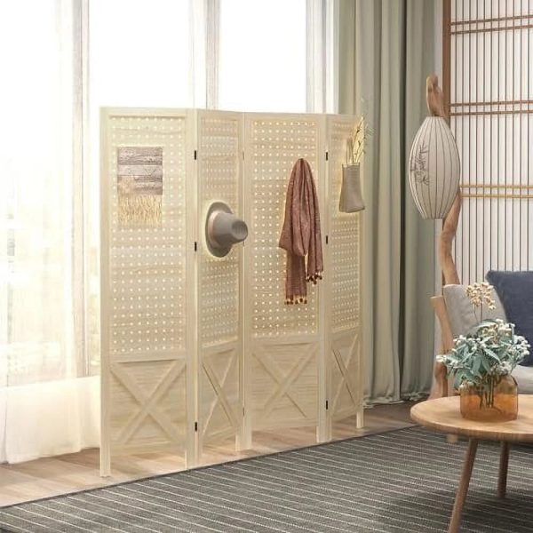 CHFBC 4 Panel Pegboard Display Room Divider 4.7' Tall Wood Indoor Portable Folding Privacy Screen Partition Wall Divider for Home Office Natural - Image 9